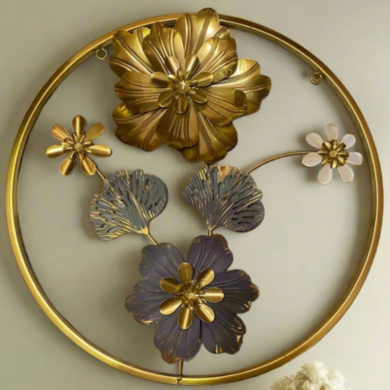 Round Golden Metal Flower Frame - Elegant Imported Decorative Wall Art