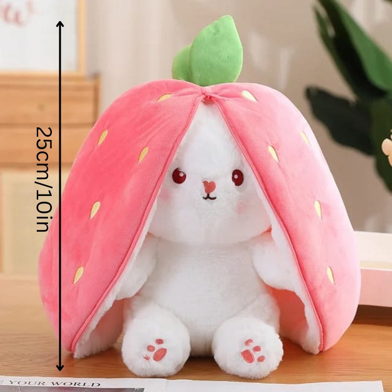 Reversible pink Strawberry Floppy Ear Bunny stuffed toy with zipper.