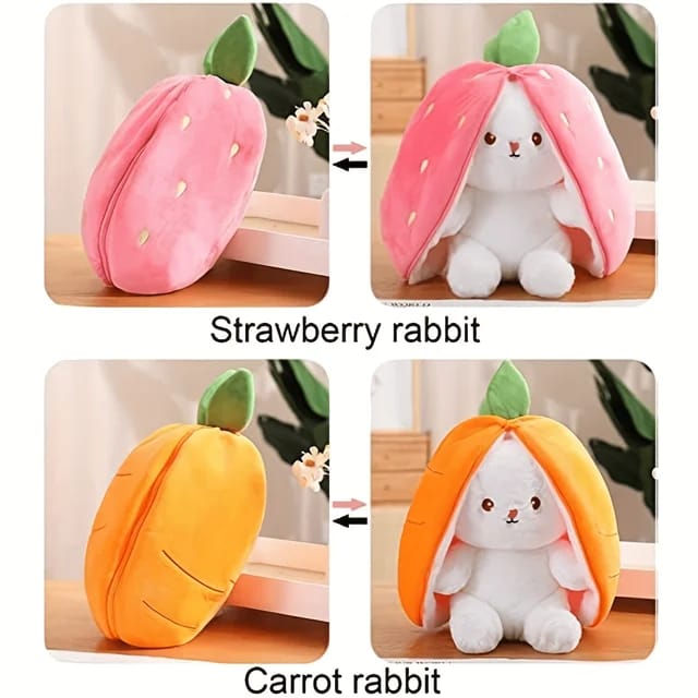 Reversible pink Strawberry Floppy Ear Bunny stuffed toy with zipper.