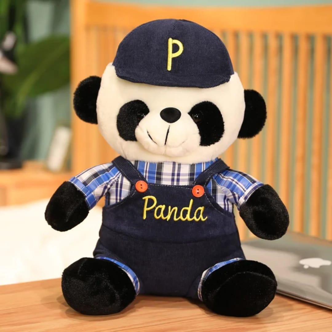Panda stuffed animal wearing Jumpsuit and cap