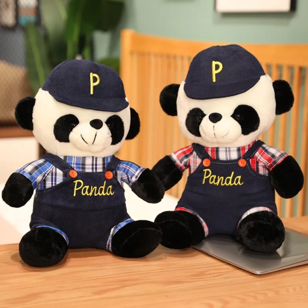 Panda stuffed animal wearing Jumpsuit and cap