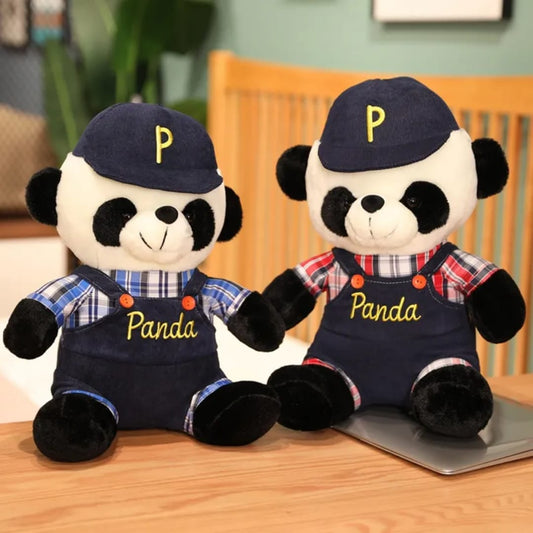 Panda stuffed animal wearing Jumpsuit and cap
