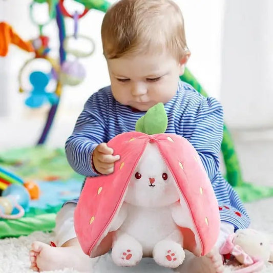 25cm Reversible pink Strawberry Floppy Ear Bunny stuffed toy with zipper.