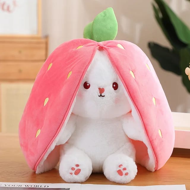 25cm Reversible pink Strawberry Floppy Ear Bunny stuffed toy with zipper.