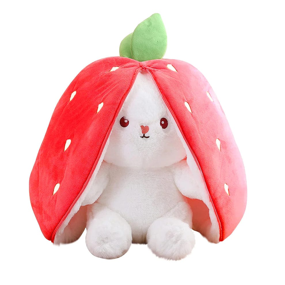 25cm Reversible Red Strawberry Floppy Ear Bunny Plush Toy with zipper.