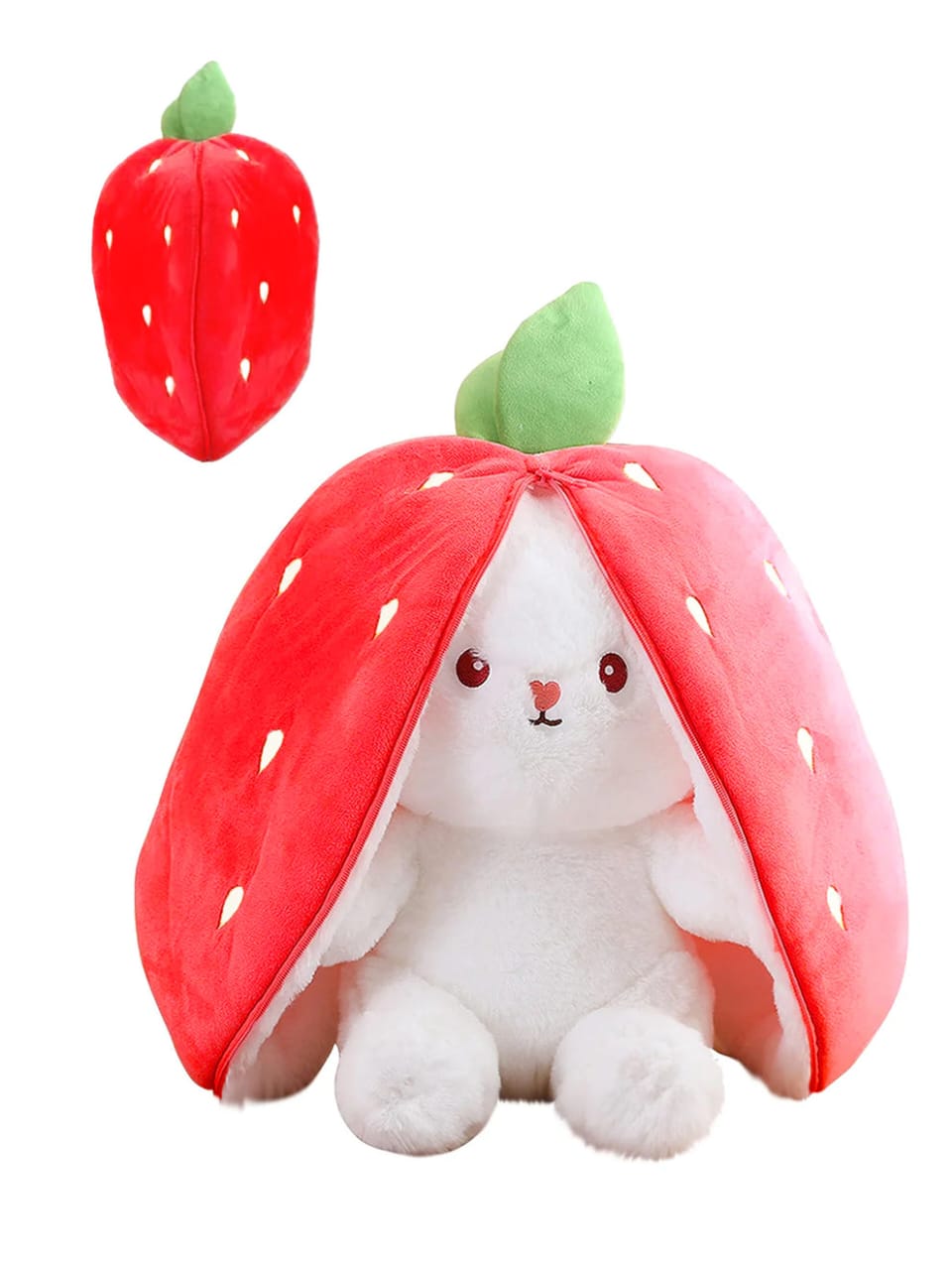 25cm Reversible Red Strawberry Floppy Ear Bunny Plush Toy with zipper.